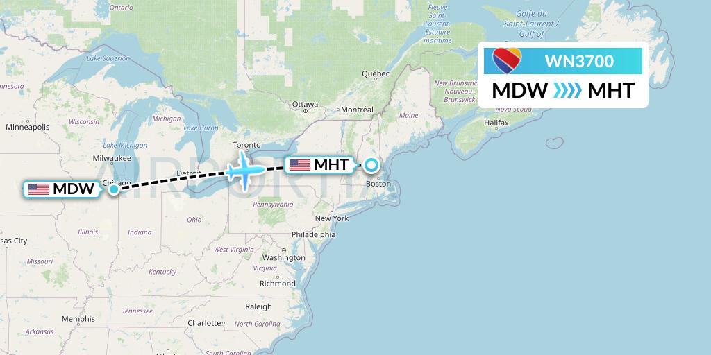 WN3700 Southwest Airlines Flight Map: Chicago to Manchester