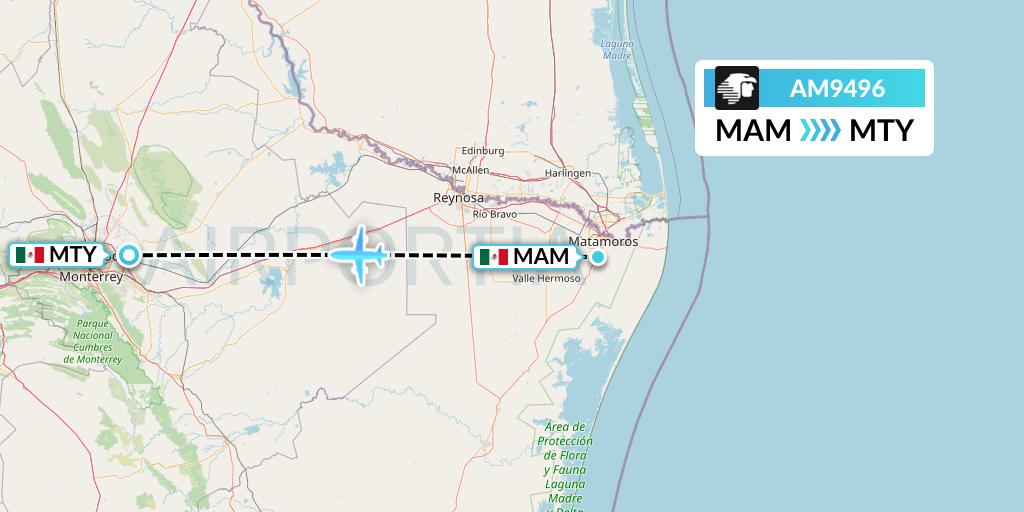 AM9496 Aeromexico Flight Map: Matamoros to Monterrey