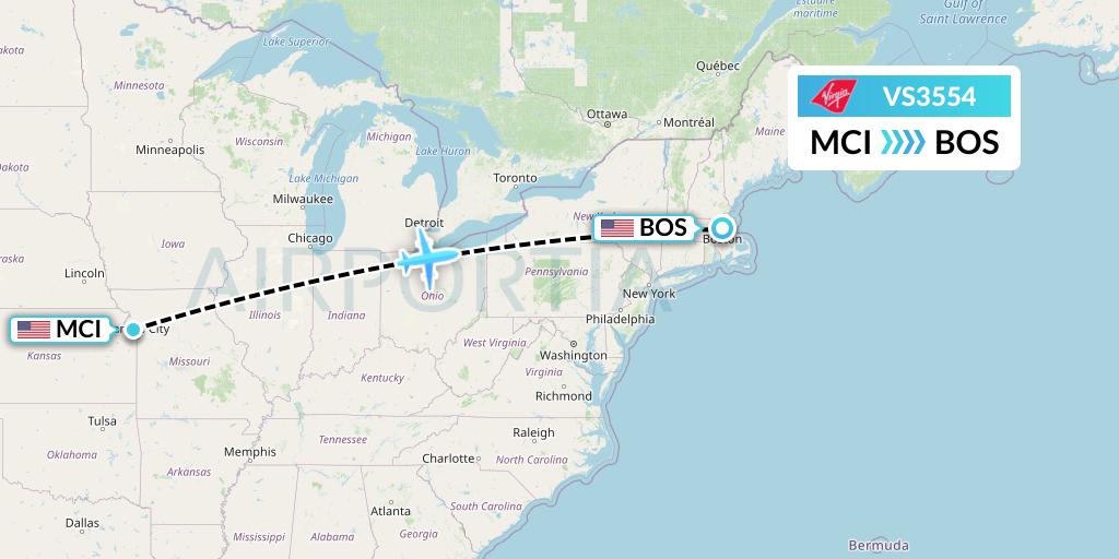 VS3554 Virgin Atlantic Airways Flight Map: Kansas City to Boston