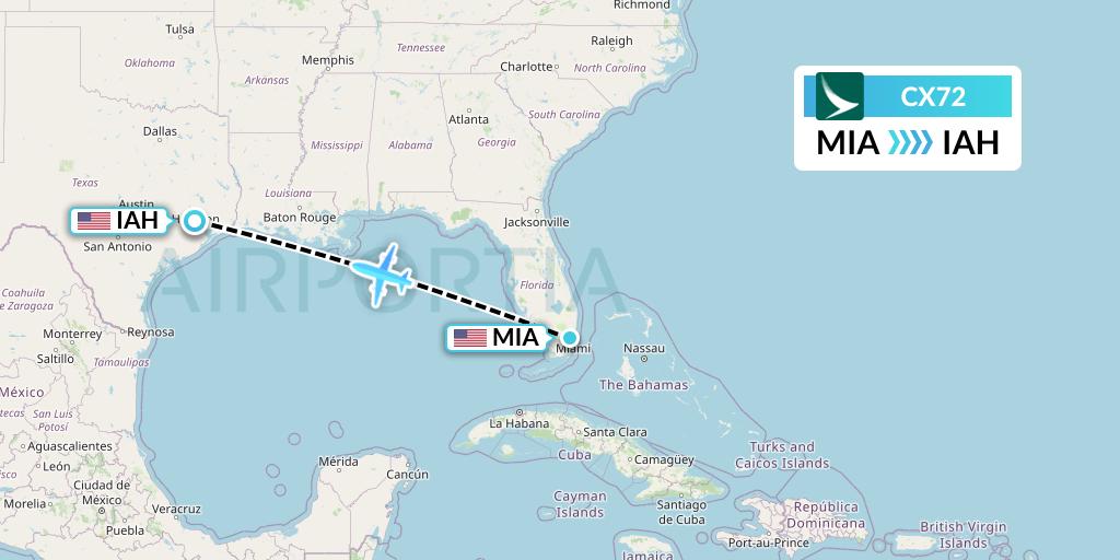 CX72 Cathay Pacific Flight Map: Miami to Houston