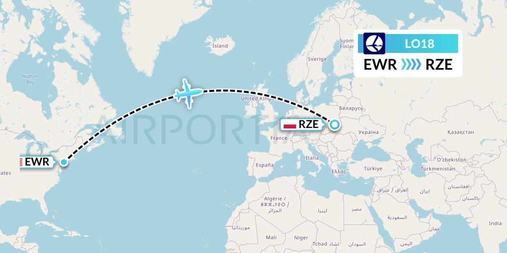 LO18 LOT Flight Map: New York to Rzeszow