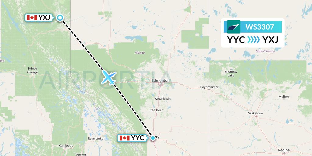 WS3307 WestJet Flight Map: Calgary to Fort St. John
