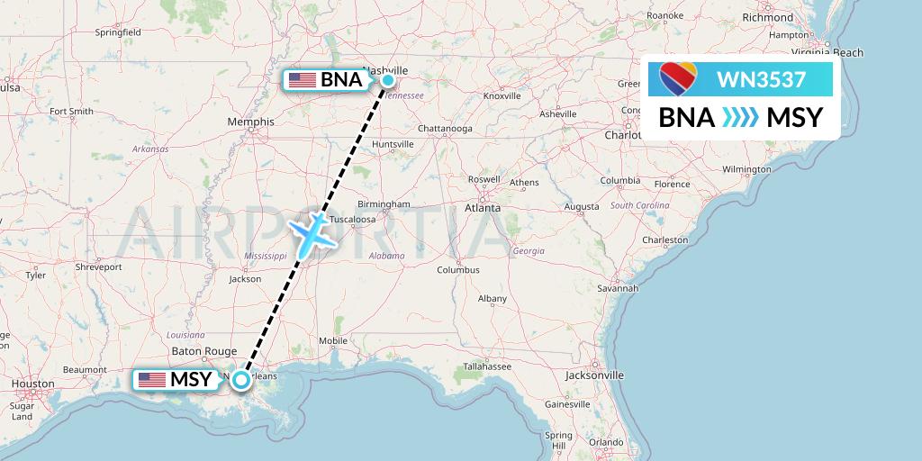 WN3537 Southwest Airlines Flight Map: Nashville to New Orleans