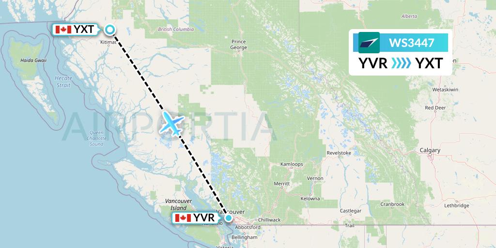 WS3447 WestJet Flight Map: Vancouver to Terrace
