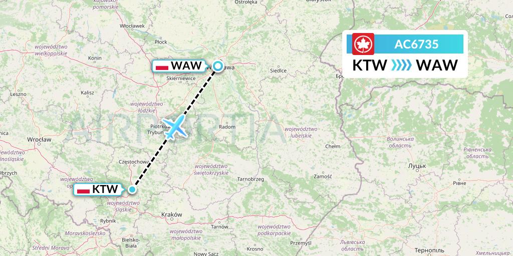 AC6735 Air Canada Flight Map: Katowice to Warsaw