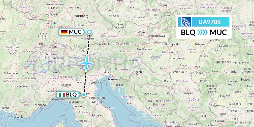 UA9706 United Airlines Flight Map: Bologna to Munich