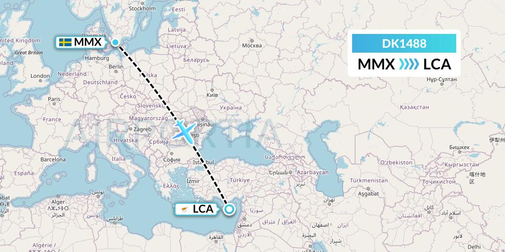 DK1488 Thomas Cook Airlines Scandinavia Flight Map: Malmo to Larnaca