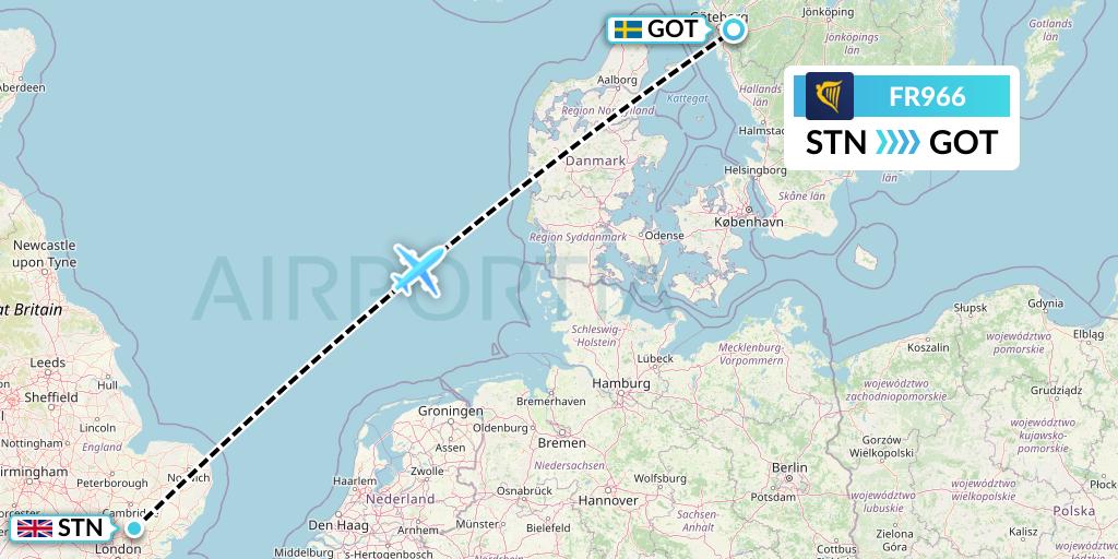 FR966 Ryanair Flight Map: London to Gothenburg