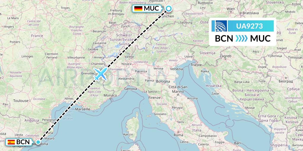 UA9273 United Airlines Flight Map: Barcelona to Munich