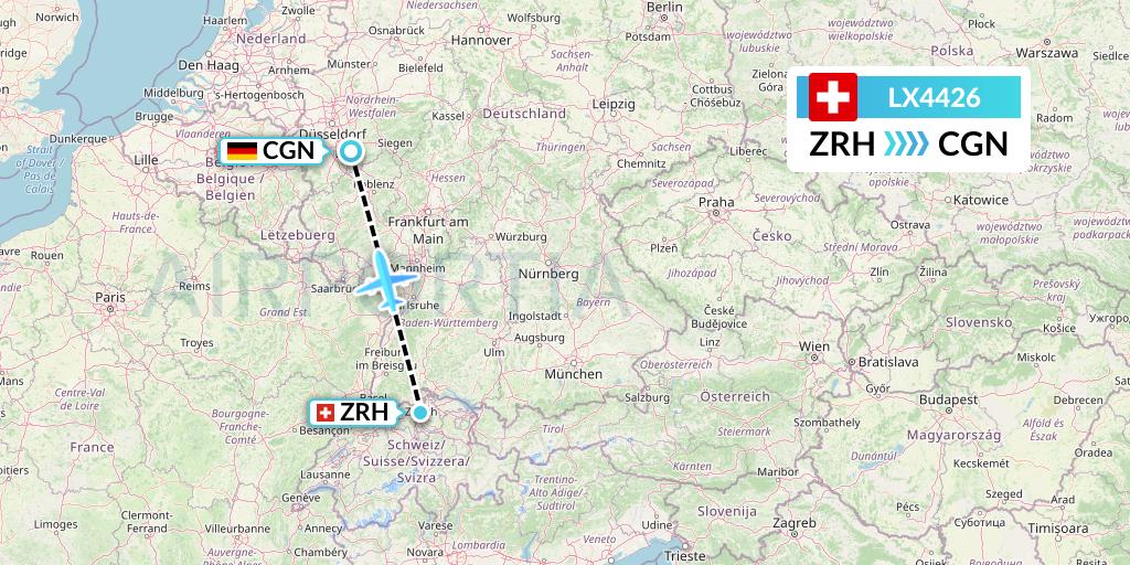 LX4426 Swiss Flight Map: Zurich to Cologne