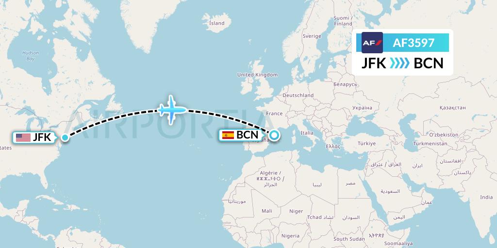AF3597 Air France Flight Map: New York to Barcelona
