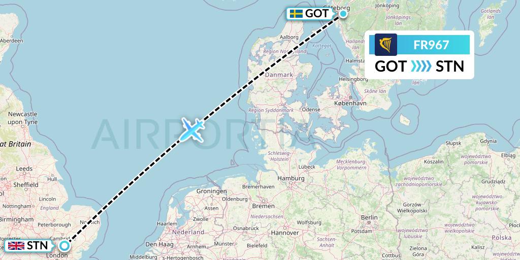 FR967 Ryanair Flight Map: Gothenburg to London