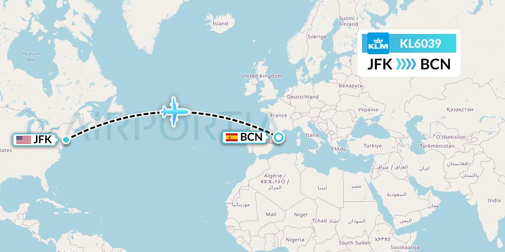 KL6039 KLM Flight Map: New York to Barcelona