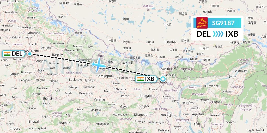 SG9187 SpiceJet Flight Map: Delhi to Siliguri