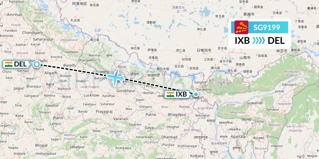 SG9199 SpiceJet Flight Map: Siliguri to Delhi