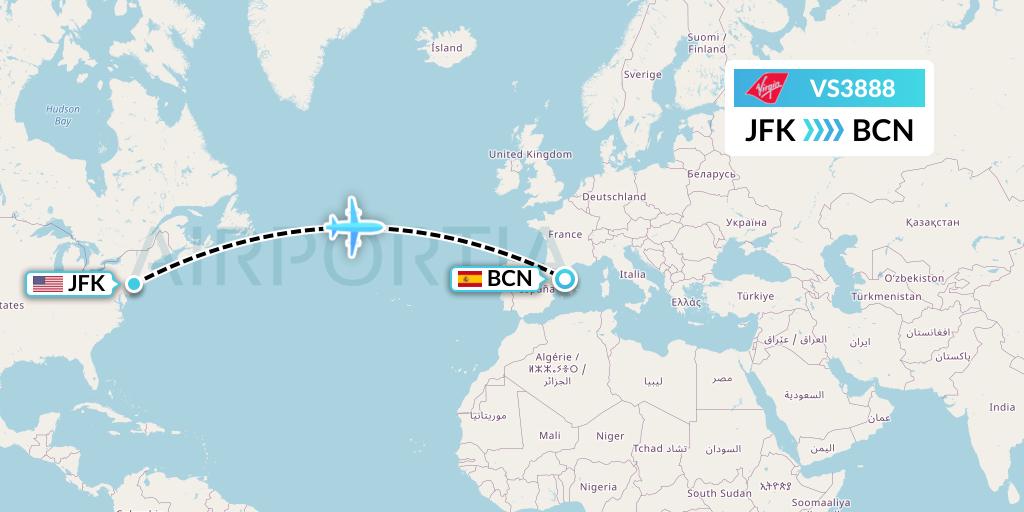 VS3888 Virgin Atlantic Airways Flight Map: New York to Barcelona