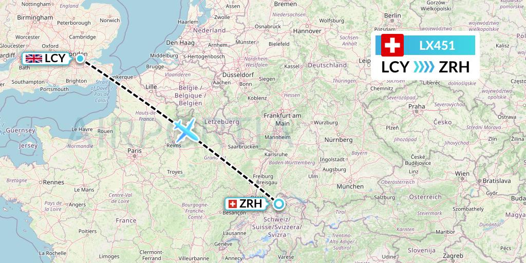 LX451 Swiss Flight Map: London to Zurich