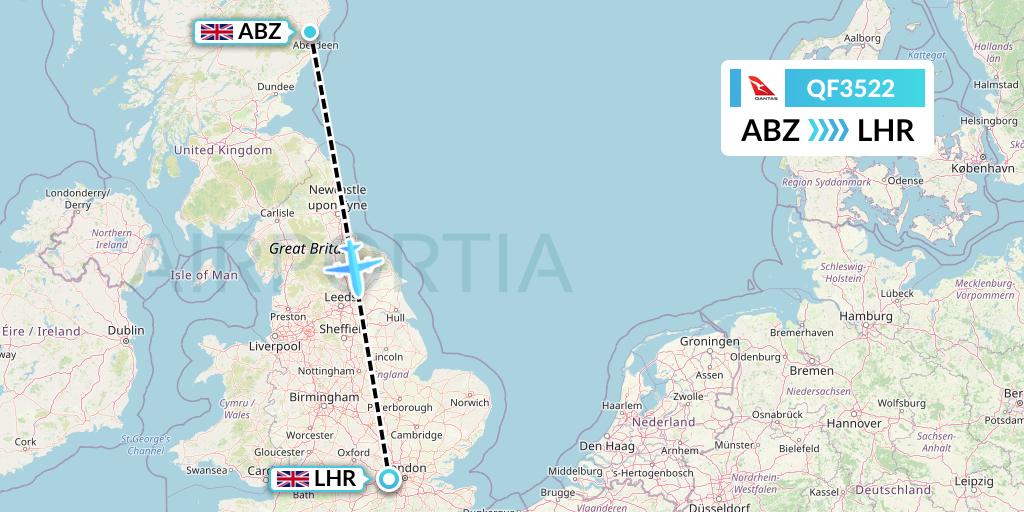 QF3522 Qantas Flight Map: Aberdeen to London