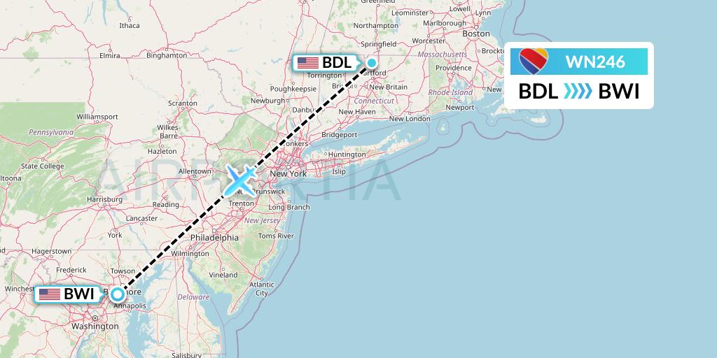 WN246 Southwest Airlines Flight Map: Windsor Locks to Baltimore