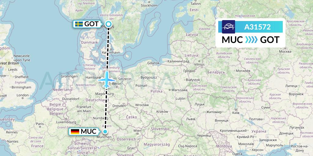 A31572 Aegean Airlines Flight Map: Munich to Gothenburg