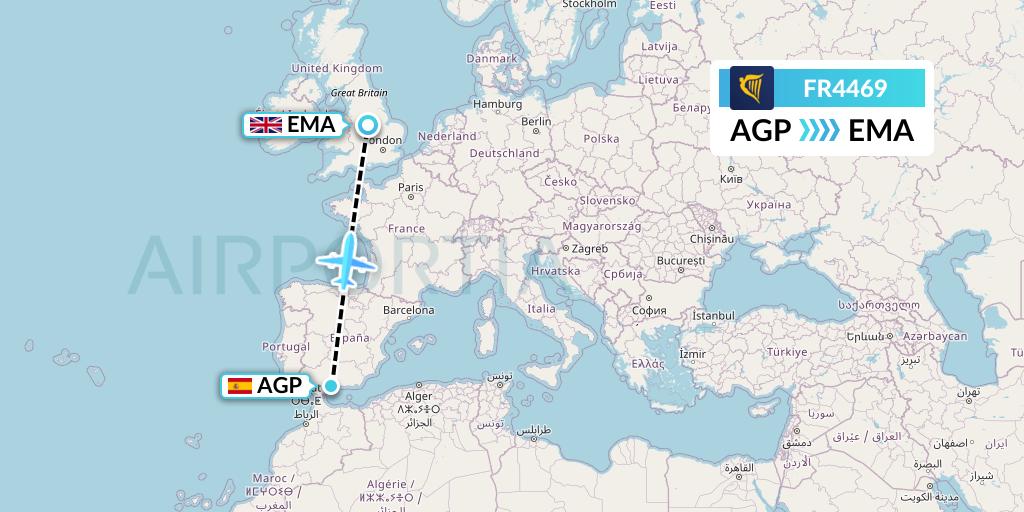 FR4469 Ryanair Flight Map: Malaga to East Midlands