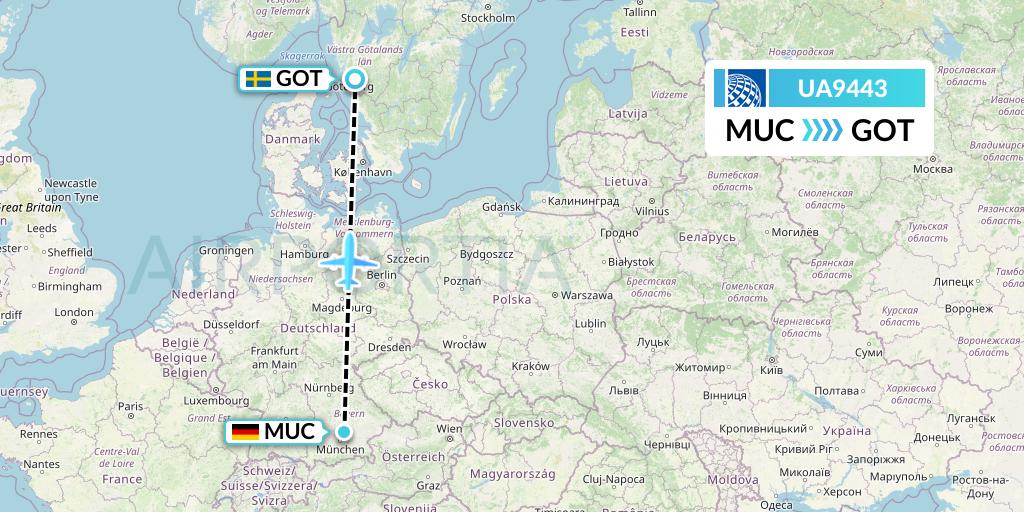 UA9443 United Airlines Flight Map: Munich to Gothenburg