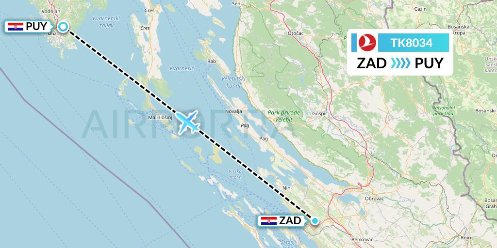 TK8034 Turkish Airlines Flight Map: Zadar to Pula