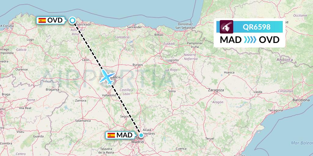 QR6598 Qatar Airways Flight Map: Madrid to Asturias