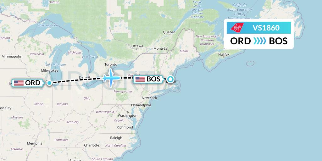 VS1860 Virgin Atlantic Airways Flight Map: Chicago to Boston