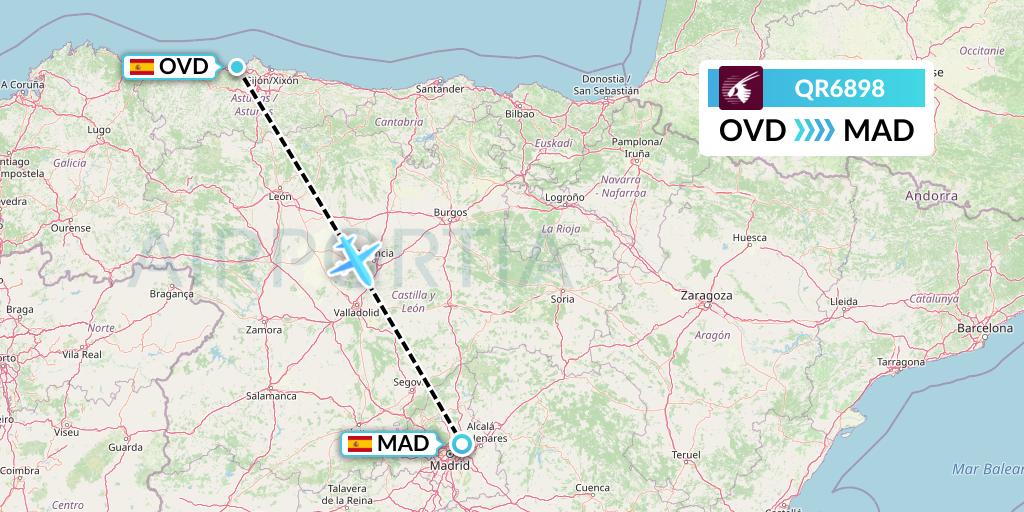 QR6898 Qatar Airways Flight Map: Asturias to Madrid