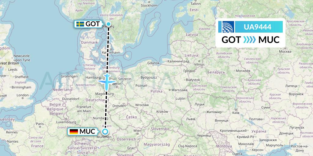 UA9444 United Airlines Flight Map: Gothenburg to Munich