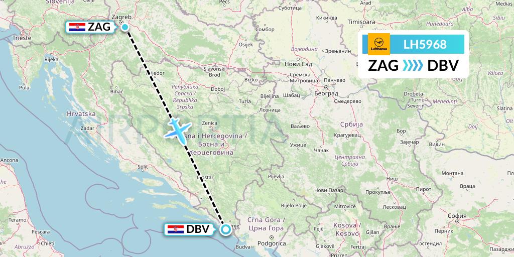 LH5968 Lufthansa Flight Map: Zagreb to Dubrovnik
