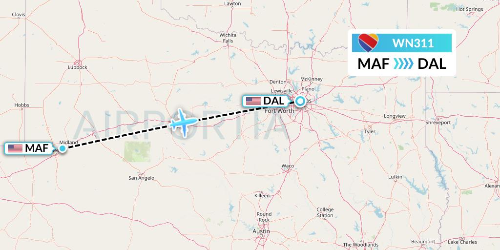 WN311 Southwest Airlines Flight Map: Midland to Dallas