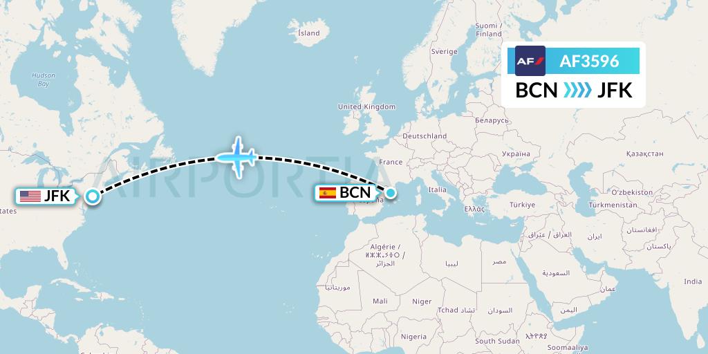 AF3596 Air France Flight Map: Barcelona to New York