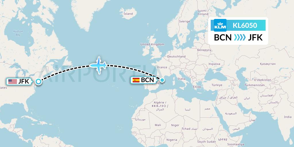 KL6050 KLM Flight Map: Barcelona to New York