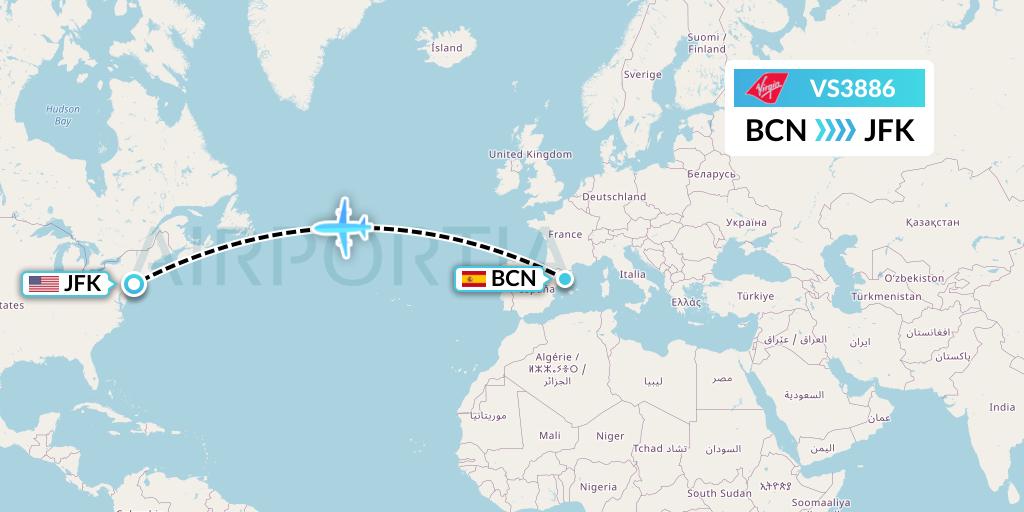 VS3886 Virgin Atlantic Airways Flight Map: Barcelona to New York