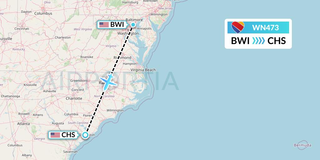 WN473 Southwest Airlines Flight Map: Baltimore to Charleston