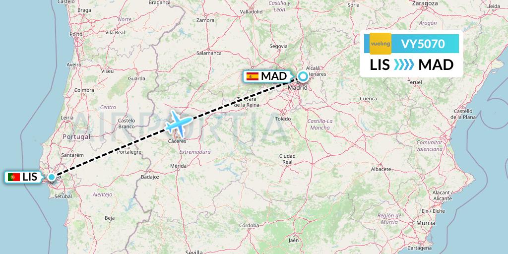 VY5070 Vueling Flight Map: Lisbon to Madrid