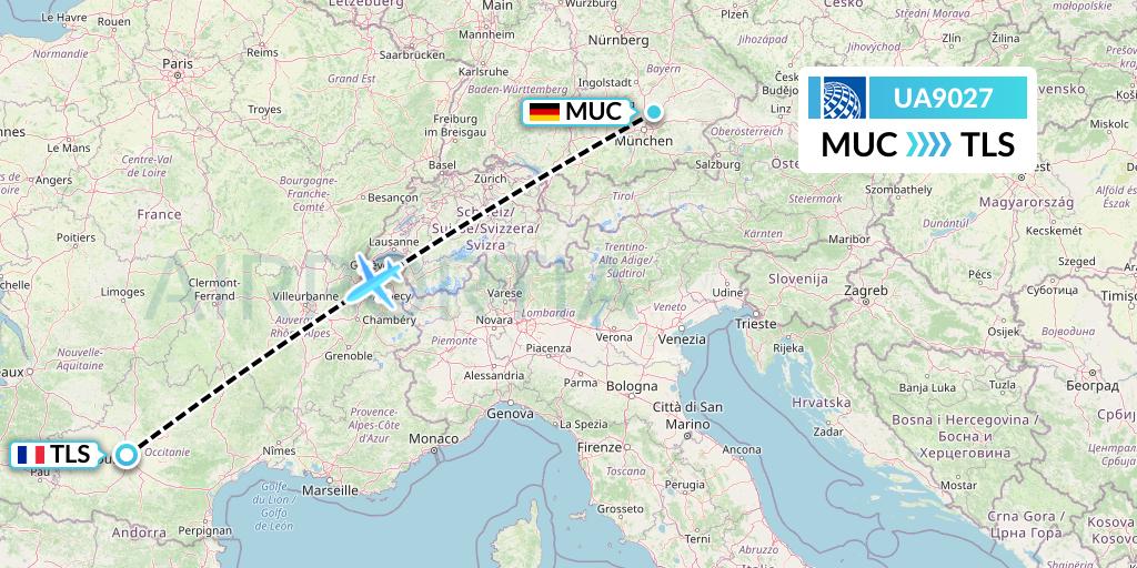 UA9027 United Airlines Flight Map: Munich to Toulouse