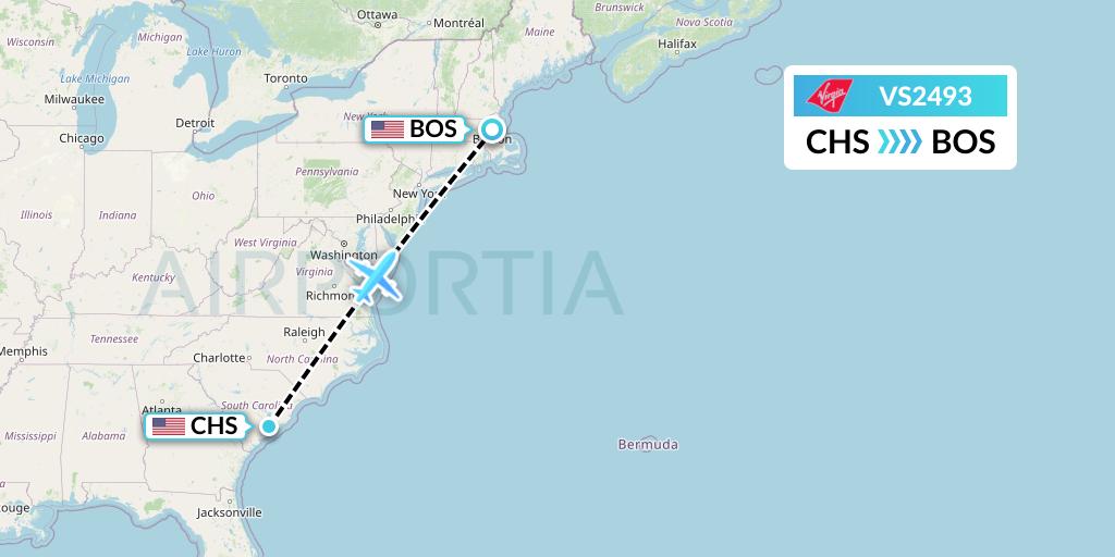 VS2493 Virgin Atlantic Airways Flight Map: Charleston to Boston