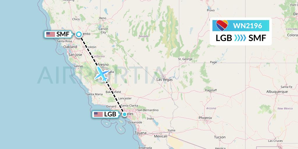 WN2196 Southwest Airlines Flight Map: Long Beach to Sacramento