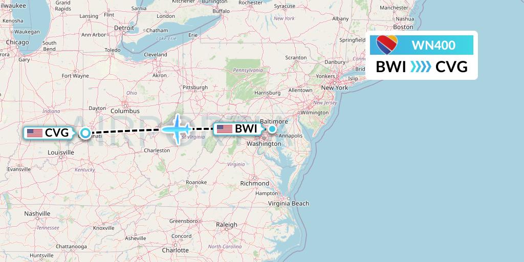 WN400 Southwest Airlines Flight Map: Baltimore to Cincinnati