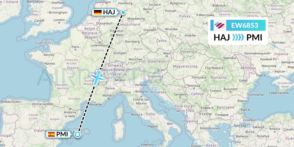 EW6853 Eurowings Flight Map: Hannover to Palma de Mallorca