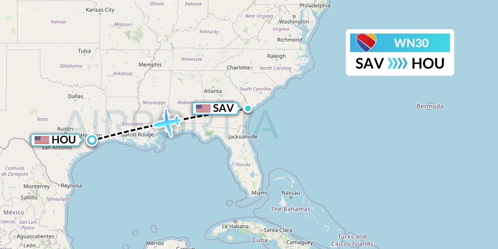 WN30 Southwest Airlines Flight Map: Savannah to Houston