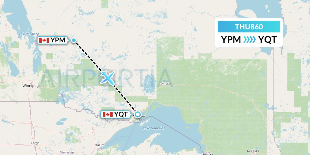 THU860 Thunder Airlines Flight Map: Pikangikum to Thunder Bay