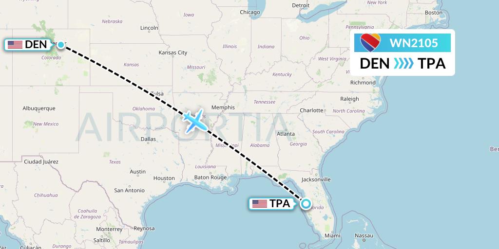WN2105 Southwest Airlines Flight Map: Denver to Tampa