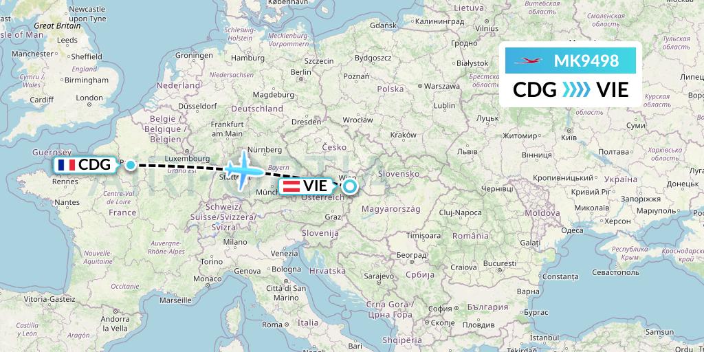MK9498 Air Mauritius Flight Map: Paris to Vienna