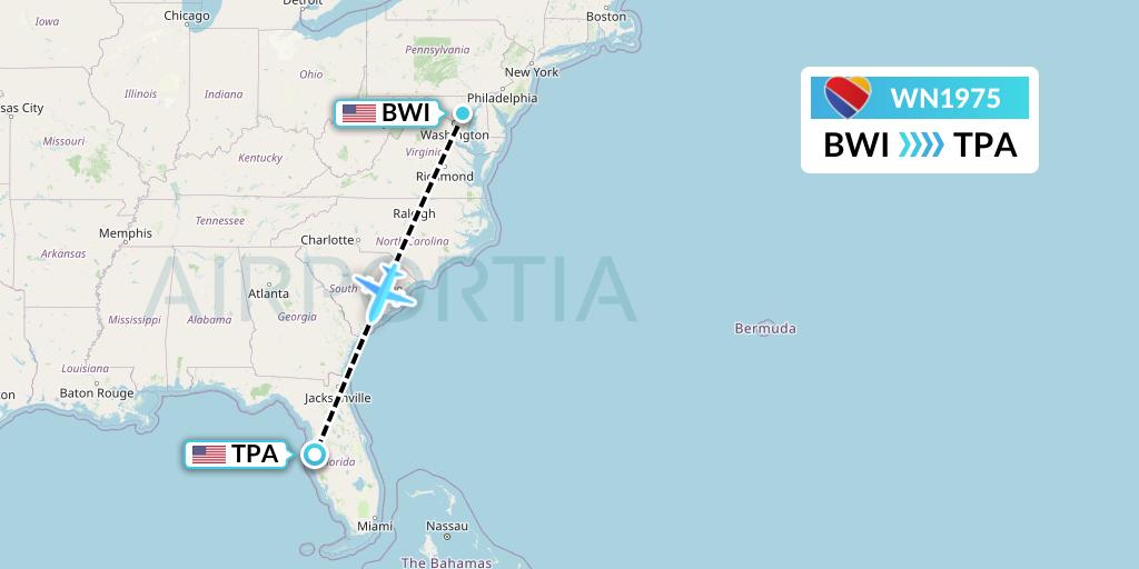 WN1975 Southwest Airlines Flight Map: Baltimore to Tampa