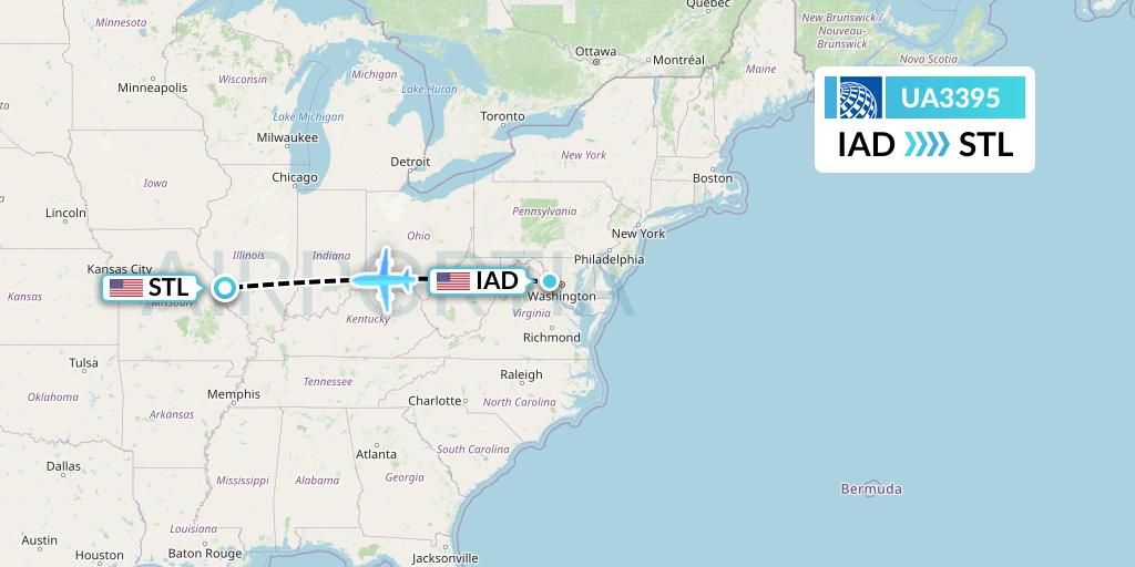 UA3395 United Airlines Flight Map: Washington to St. Louis
