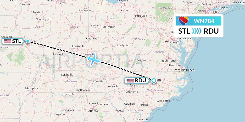 WN784 Southwest Airlines Flight Map: St. Louis to Raleigh-Durham
